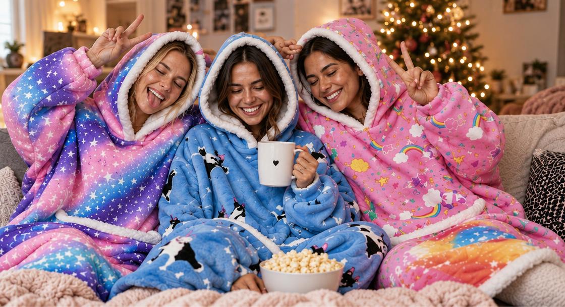 Three women wearing galaxy, puppy and unicorn Coziva blanket hoodies